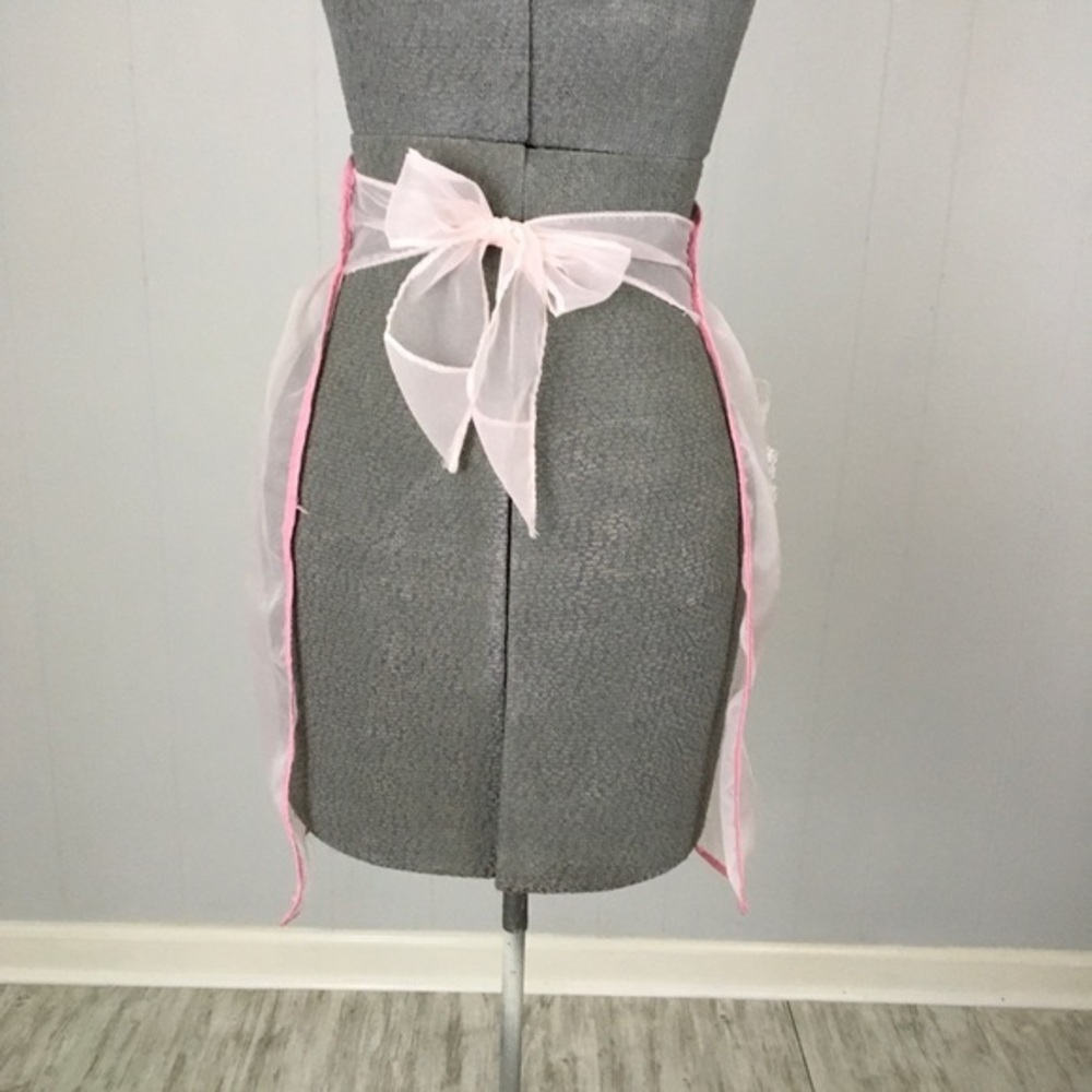 Vintage Pink Half Apron Sheer Chiffon Abstract Lace Tie Back Hostess - Picture 6 of 15